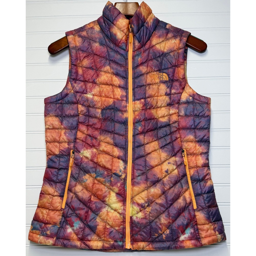 The North Face ThermoBall Vest Womens S Watercolor Print Orange Purple Puffer
